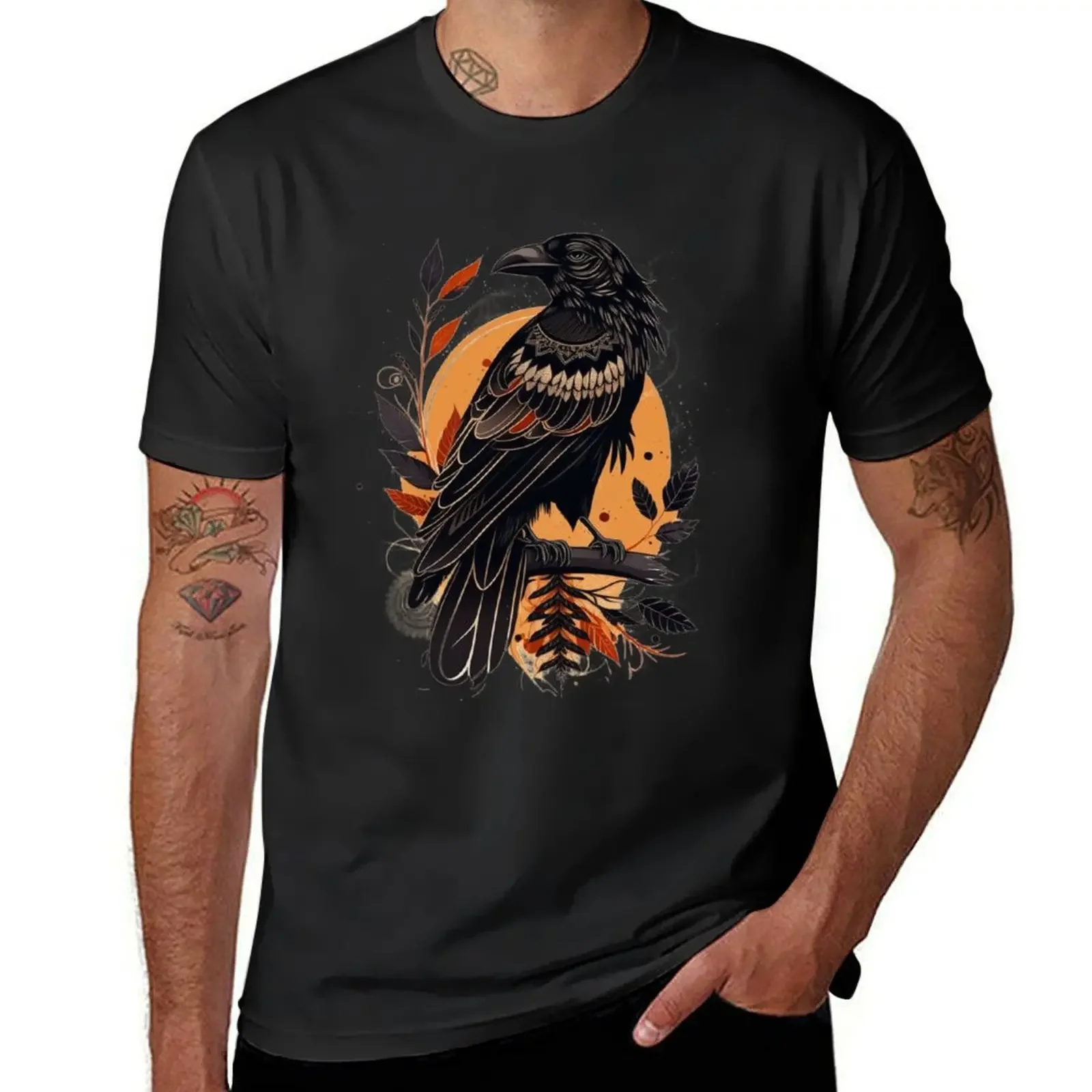 Crow illustration in a tattoo style T-Shirt sports fans customs anime workout shirts for men