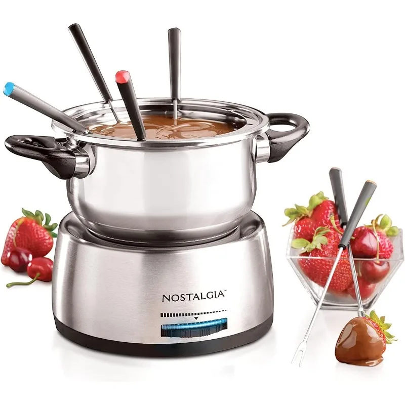 

6-Cup Electric Fondue Pot Set for Cheese & Chocolate - 6 Color-Coded Forks, Temperature Control - Stainless Steel Kitchen