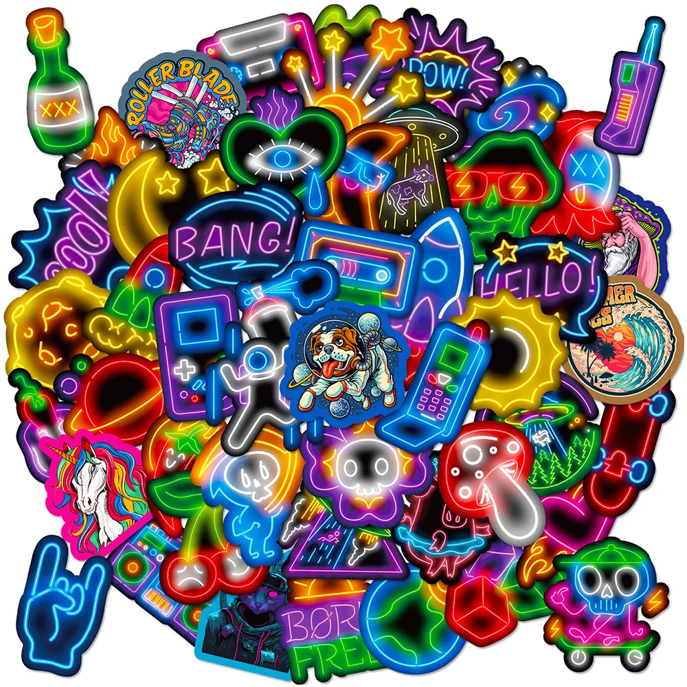 10/30/50pcs Funny Cute Neon Light Stickers Aesthetic Graffiti Scrapbook Phone Laptop Helmet Bike Kawaii Decoration Sticker Pack
