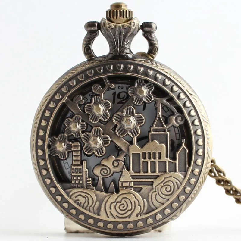 Relojes de bolsillo de cuarzo con colgante de cadena, reloj de bolsillo digital, estilo Retro, Castillo de cuento de hadas, jardín de montaña, Steampunk