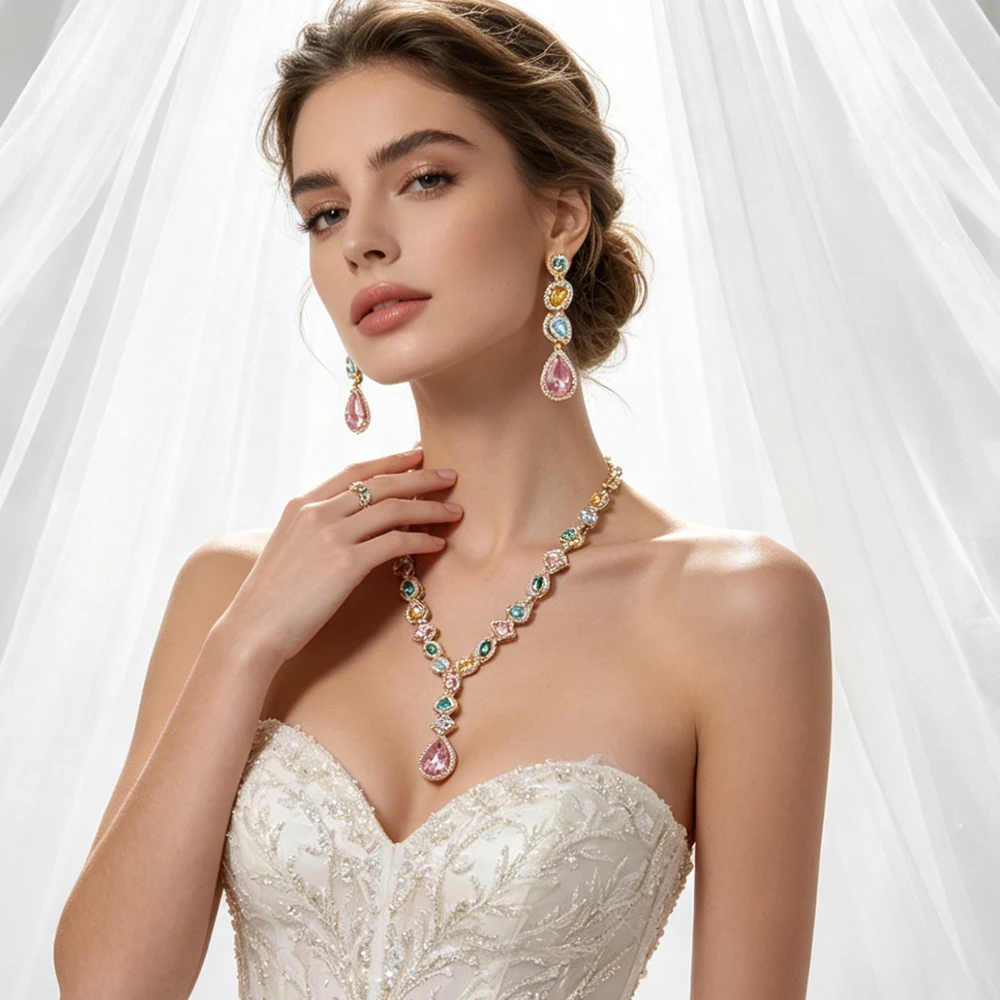

Sparkling Multicolor Zircon Teardrop Pendant Necklace & Earrings for Women Luxury Charm Choker Evening Wedding Party Jewelry Set