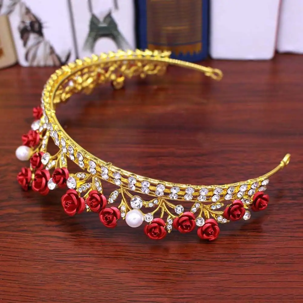 Princess Vintage Red Rose Headband Gold Color Alloy Hair Crown Diadem Headwear Bridal Tiara