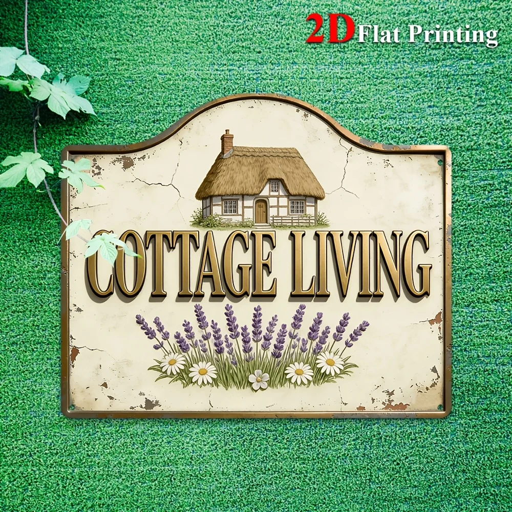 1pc 2D Flat Sign Artwork Showcasing A Vintage 'Cottage Living' Theme With A Thatched Roof House And Lavender Flowers