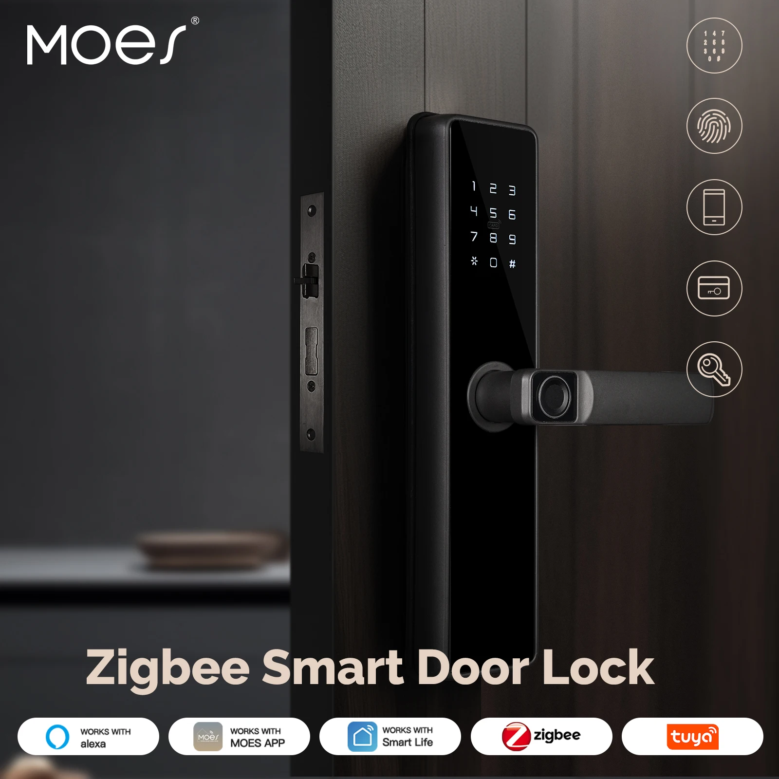 MOES Tuya ZigBee 스마트 잠금 장치 – 실내 비밀번호, 지문 인식, 원격 잠금 해제 및 키 카드 변조 경보 기능, 배터리 구동, Alexa 호환