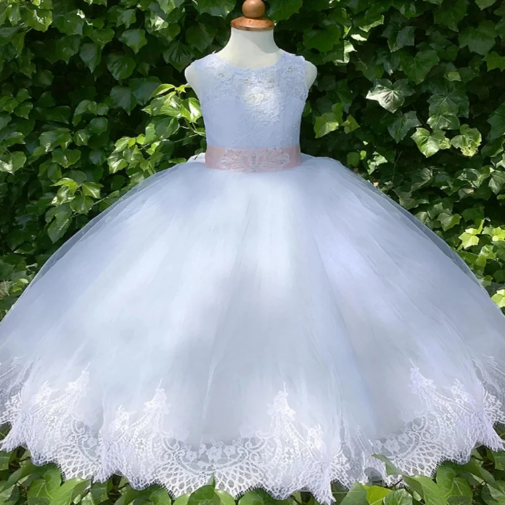 

Princess Pageant Dress Layered Tulle Flower Girl Dresses for Wedding Toddlers Puff Lace Sleeves First Communion Party Gowns