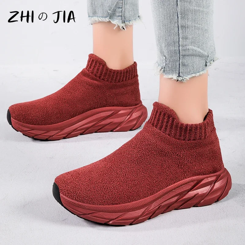 Winter New Plush Sneaker Couple Outdoor Leisure Lightweight Comfortable Walking Shoes Knitted Fabric Thick Sole Warm Footwear