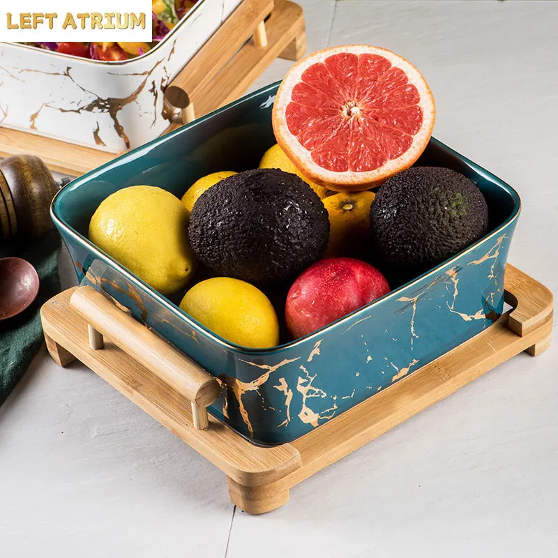 Nordic Simple Marble Golden Pattern Peacock Green Square Fruit Bowl Versatile Ceramic Salad Square Bowl with Wooden Bracket