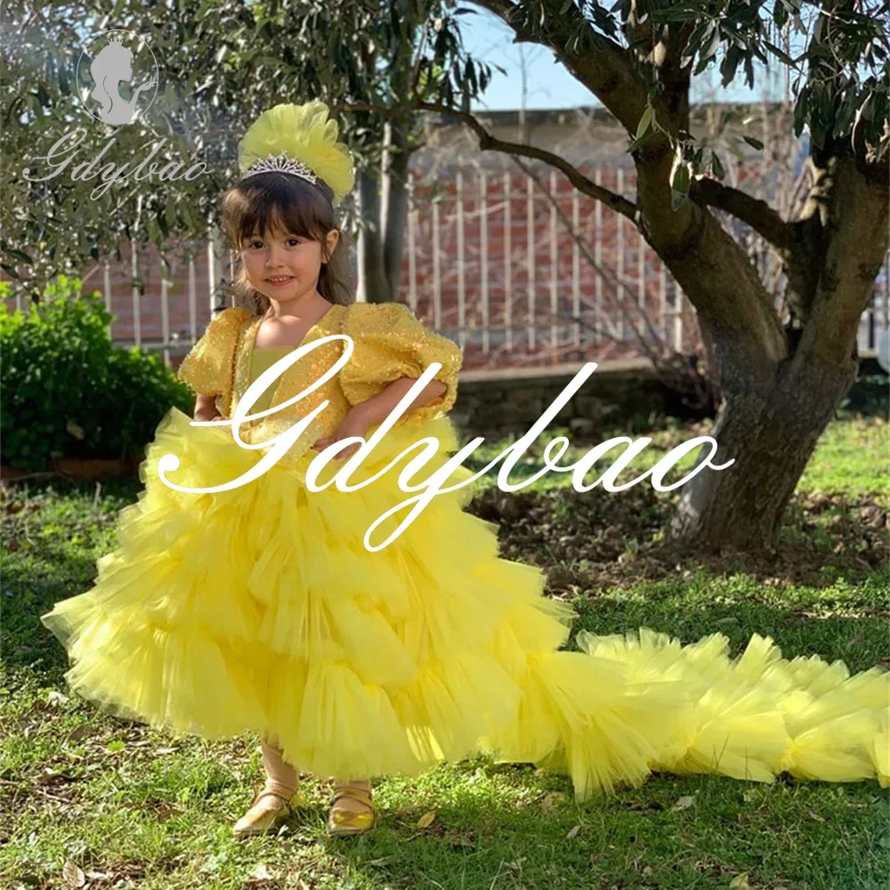 

Square Neck Sequined Luxury Long Ball Sweep Train Flower Girl Dress Tea Length Shiny Elegant First Communion Gown Customized