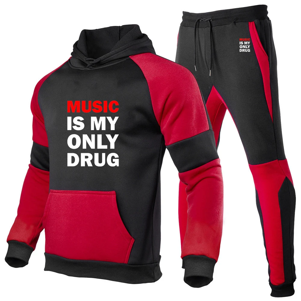 2025 Spring And Autumn New Men's Music is My Only Drug Patchwork Color Casual Hoodie + Trouser Harajuku Fashion Suit