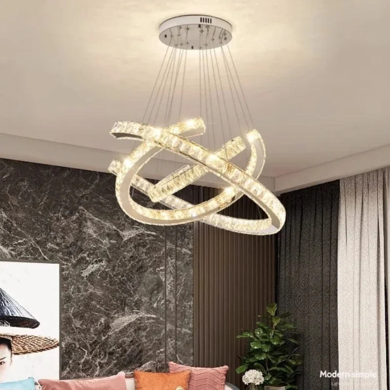 Modern Lustre Steel Led Smart Pendant Lights Luxury K9 Crystal 3 Rings Hanging Lamp Art Deco Led Luminarias Suspend Lamp Fixture