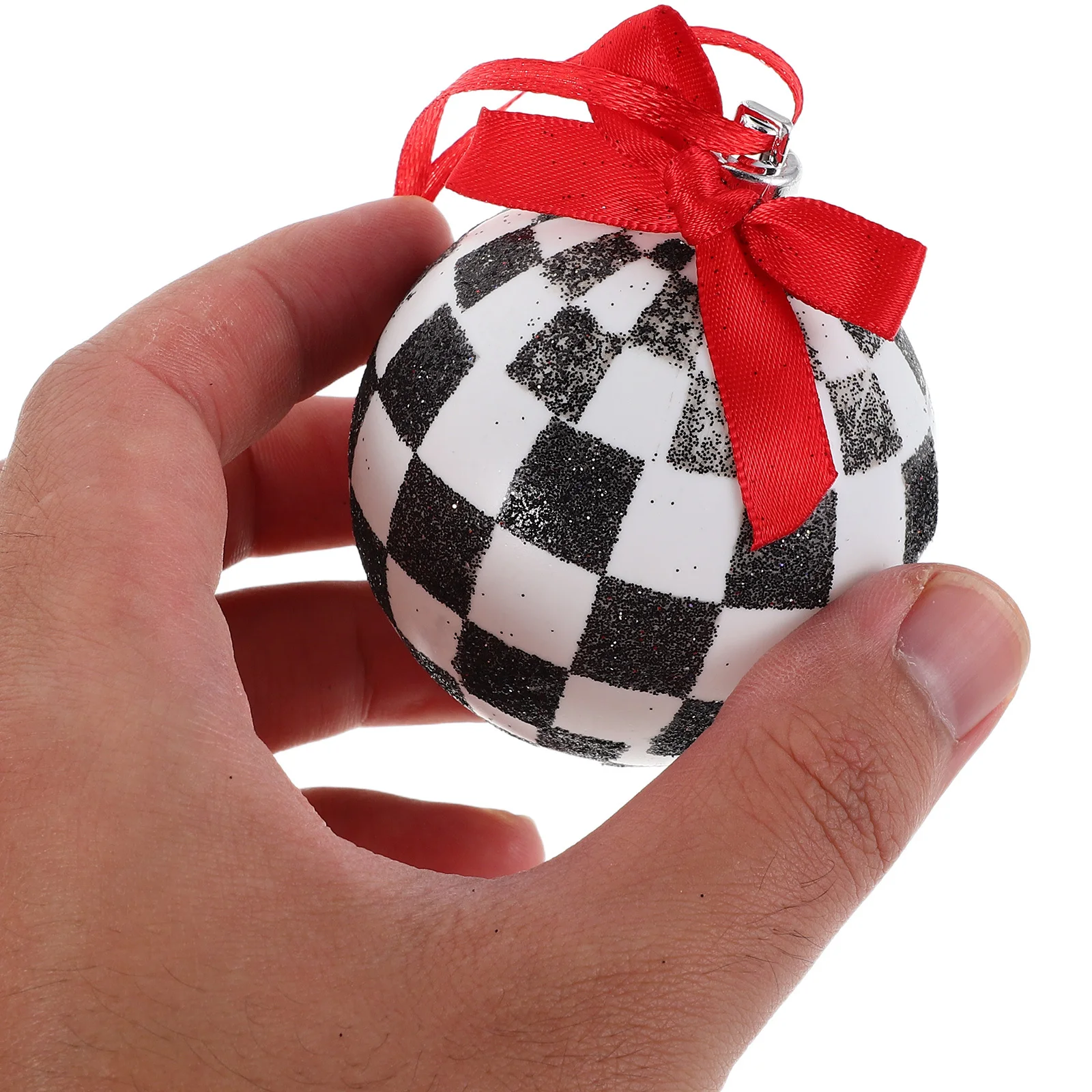 12Pcs Christmas Hanging Ornaments Black White Checkered Electroplated Handpainted Glitter Baubles Christmas Tree Decorations