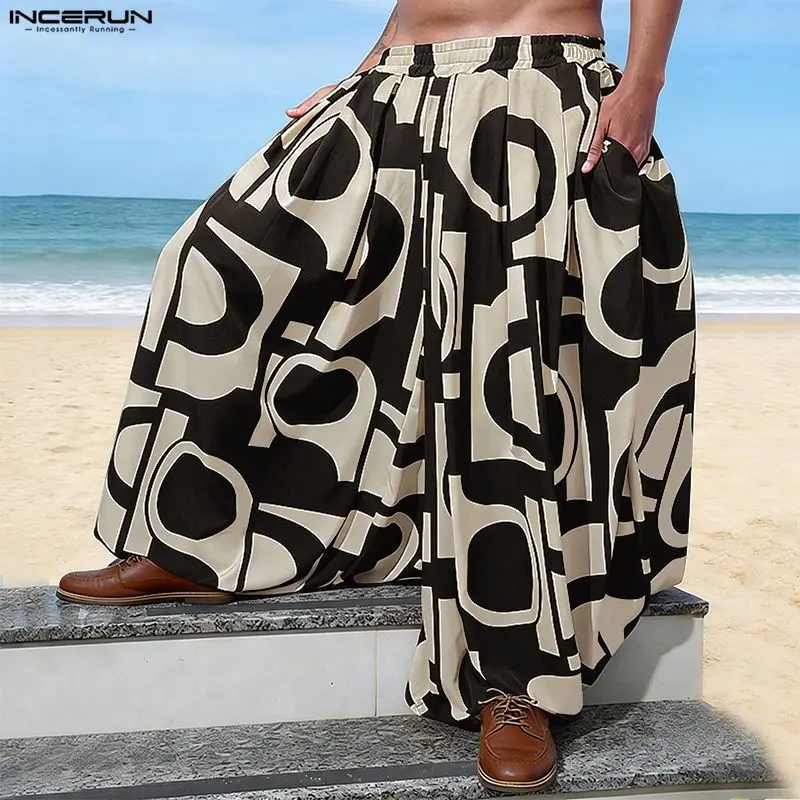 

INCERUN Men's Wide Leg Pants Printing Elastic Waist Joggers Pleated Trousers For Man Streetwear Oversize 2026 Casual Long Pants