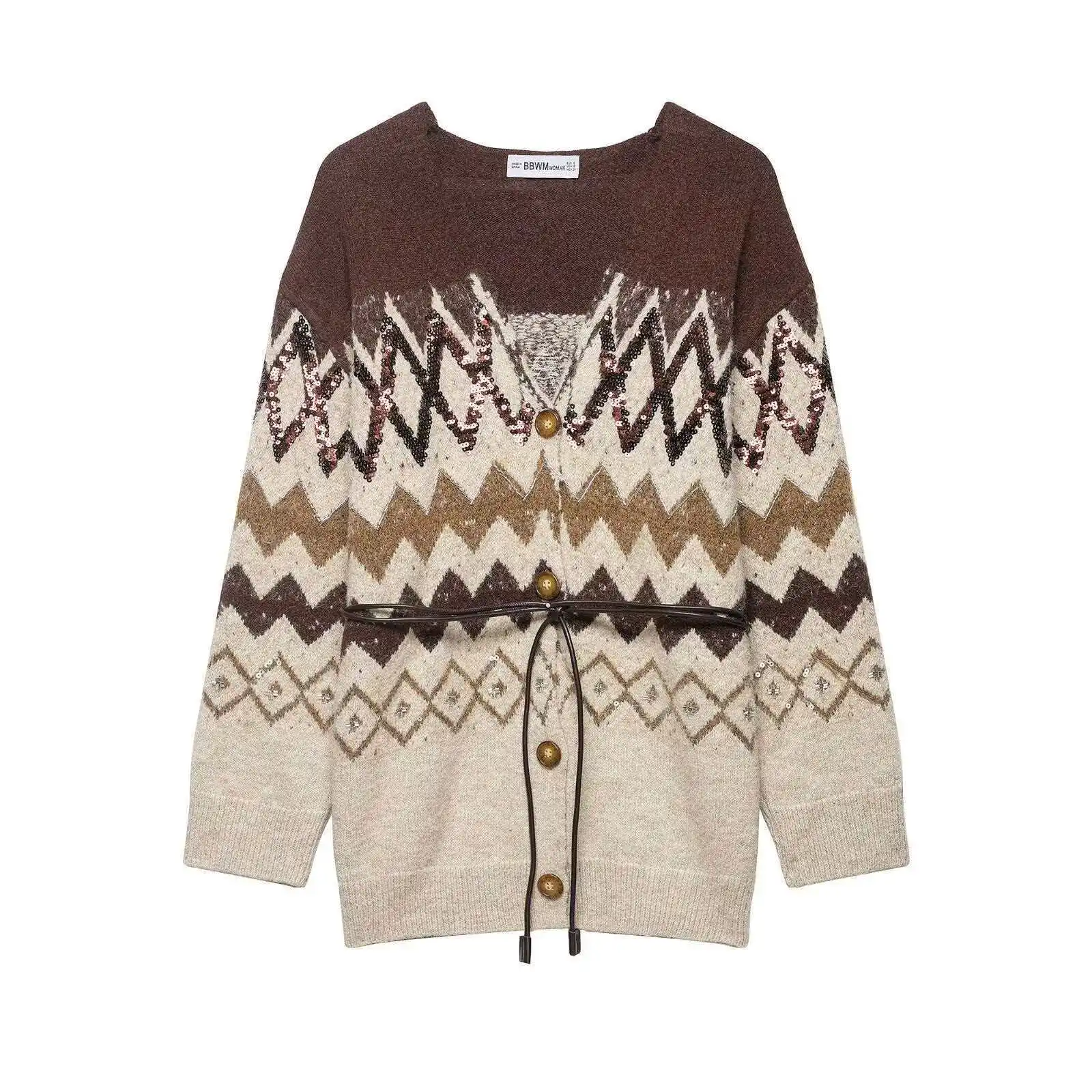 

Women Long Sleeve V-Neck Jacquard Knit Top with Belt Retro Loose Casual Spring Sweater