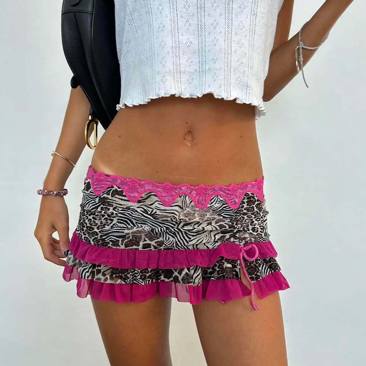 2025 Spring New Women's Hot Selling Splicing Drawstring Sexy Short Skirt