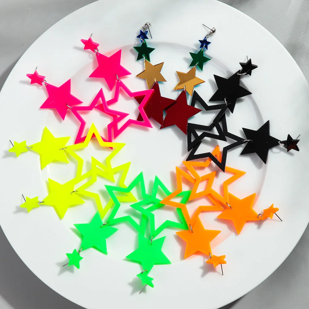 Punk Neon Color Star Acrylic Dangle Earrings For Women Hollow Geometric Pentagram Long Drop Earrings Fashion Jewelry Gifts