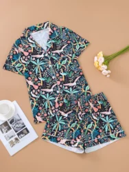 Two-piece set of women's pajamas lapel top and trousers flower bird summer casual women's pajamas home wear