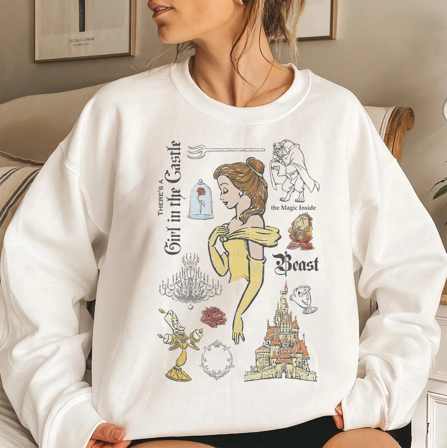 Sweat-shirt à col ras du cou en coton, imprimé dessin animé Disney la belle et la bête, nouveau pull streetwear automne/hiver