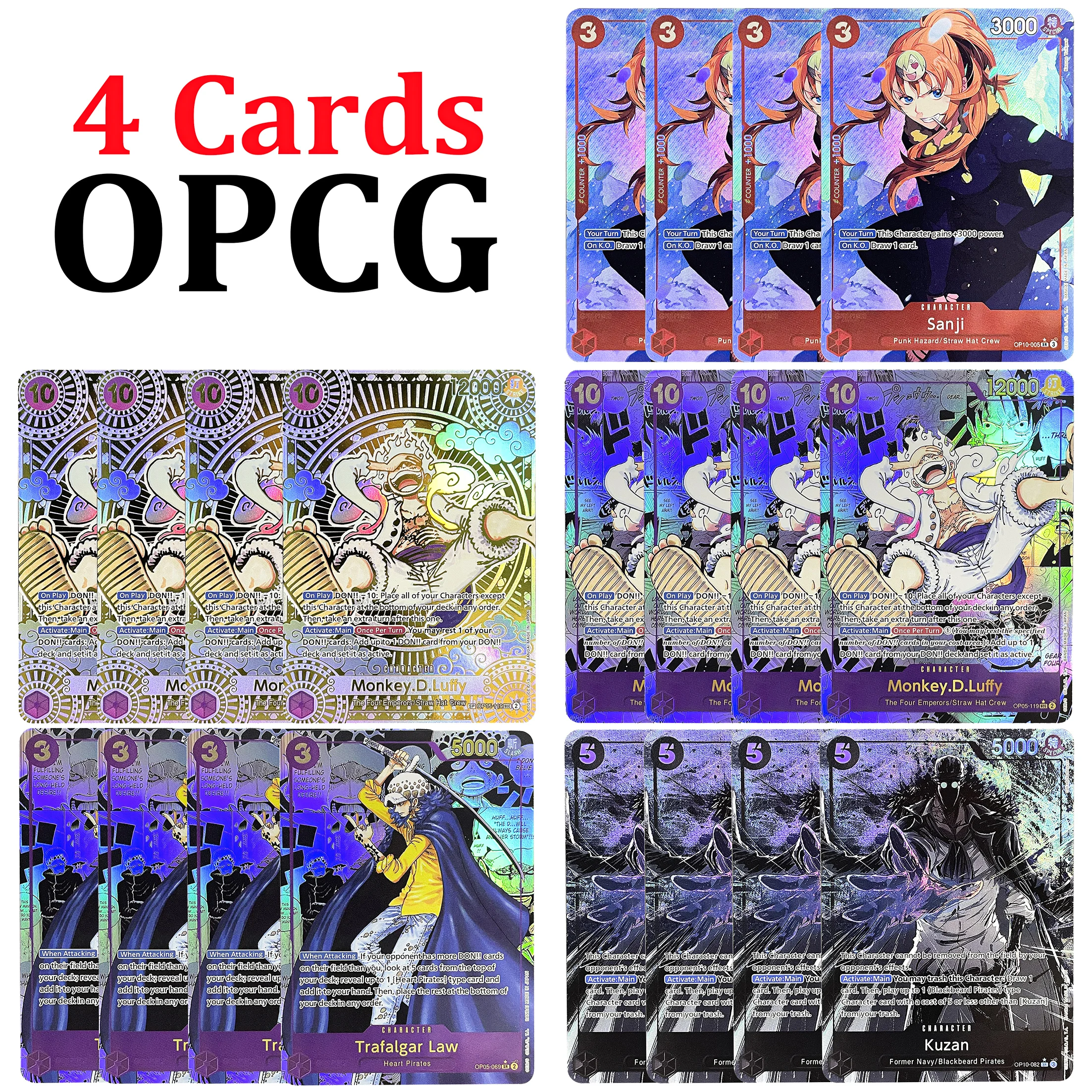 PROXY 4 Uds. Tarjetas de lámina de una pieza Trafalgar Law/Sanji/Cavendish/Kuzan OPCG conjunto de personajes tarjeta de juego comercial versión en inglés