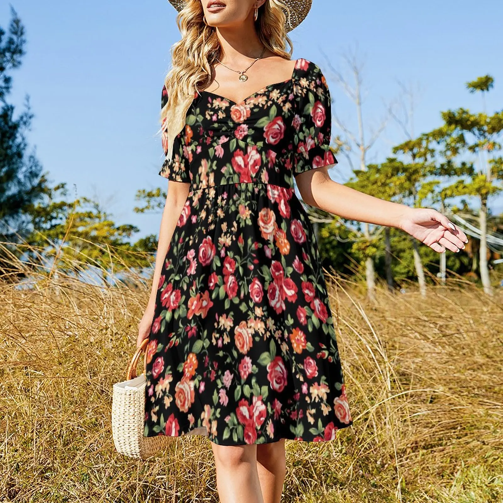 Ditsy Floral Casual Dress Flowers Print Stylish Dresses Sexy V Neck Cute Design Dress Big Size