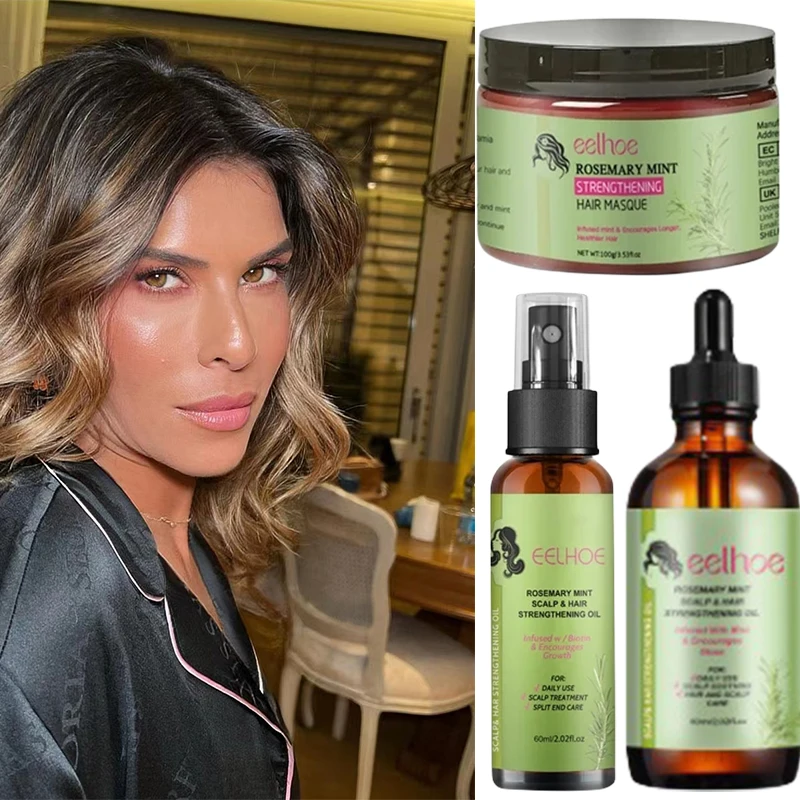 مجموعة العناية بالشعر الأصلي من إكليل الجبل ، بخاخ زيت أساسي ، نعناع ، علاج مغذي ، أطراف منقسمة وقناع شعر جاف ، مغذي