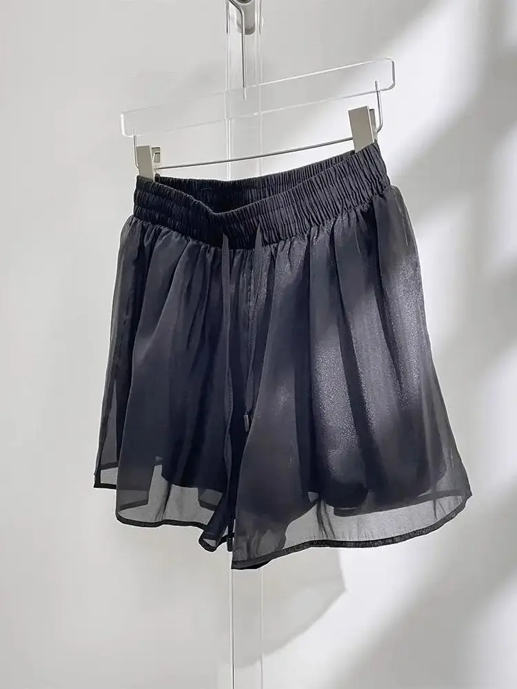 Double Layered Loose Wide Leg Shorts Pure Color Mesh Pants Straight Cut Natural Waist Elastic Polyester Women's Summer Shorts