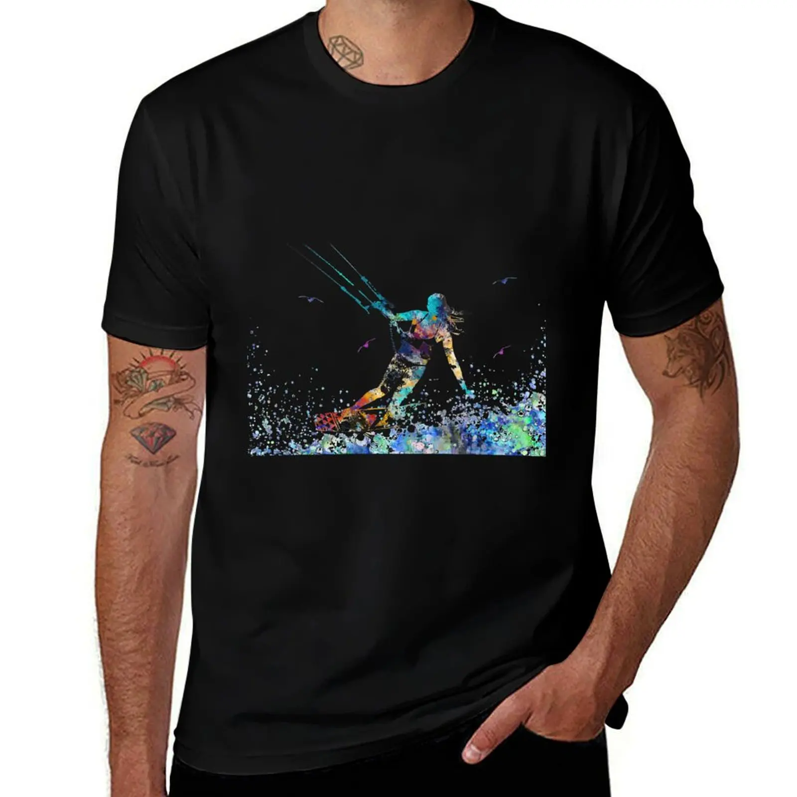 Kitesurfing, watercolor kiteboarding T-Shirt Casual Lightweight Short Sleeve Top T-Shirt