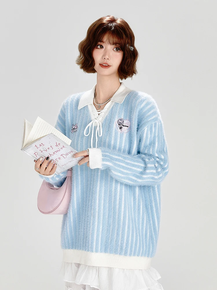 

Мягкий уютный женский вязаный свитер с воротником, свободный крой, осень-зима, новый топ в сине-белую полоску, сладкий длинный све