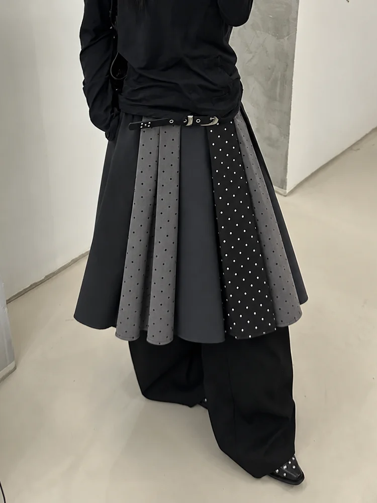 REDDACHiC Women Polka Dots Midi Long Skirt Modern Low Waist A-line Draped Pleated Patchwork Contrast Long Skirt Lounge Bottoms