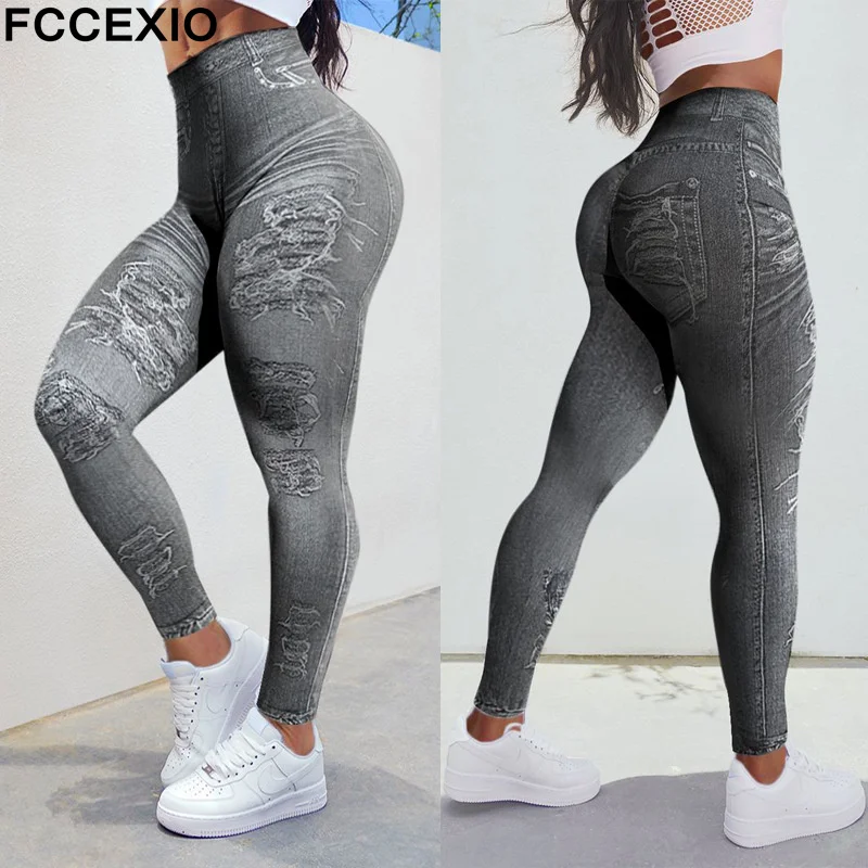 FCCEXIO Grey Distressed Patch Denim Print Women Sports Leggings High Waist Running Sexy Tight Fitness Workout Yoga Gym Push Up