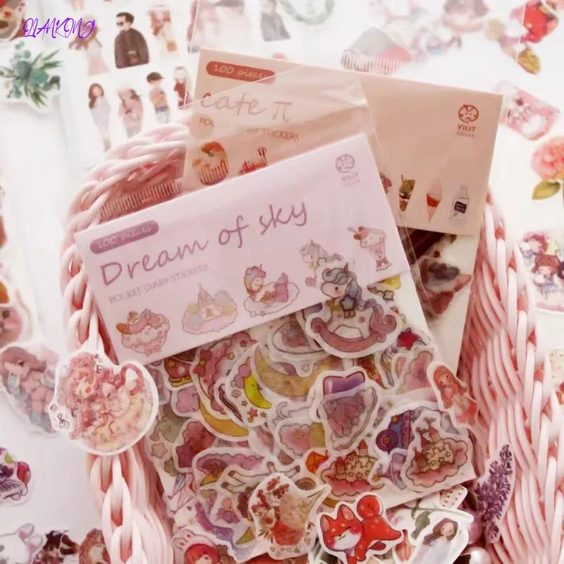 

100pcs/pack Kawaii Unicorn Face Cat leaves Decorative Washi Stickers Scrapbooking Stick Label Diary Stationery Album Stickers