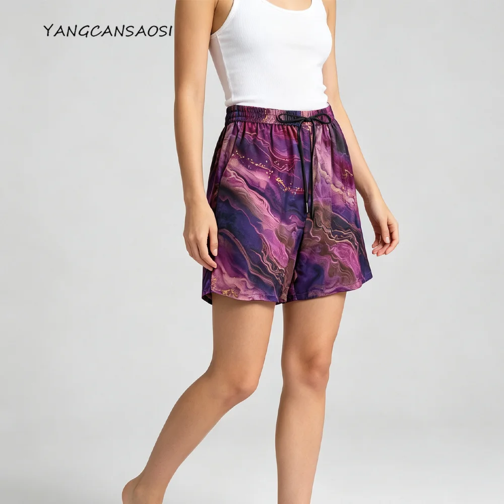 2026 Women's Casual Summer New Purple 100% Natural Mulberry Silk Jacquard Fragrant Cloud Yarn Elastic Waist Versatile Shorts
