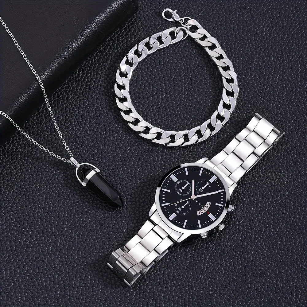 メンズカレンダークォーツ腕時計、ステンレススチールストラップとネックレスブレスレットセット、ビジネスファッション、セットあたり3個、1個