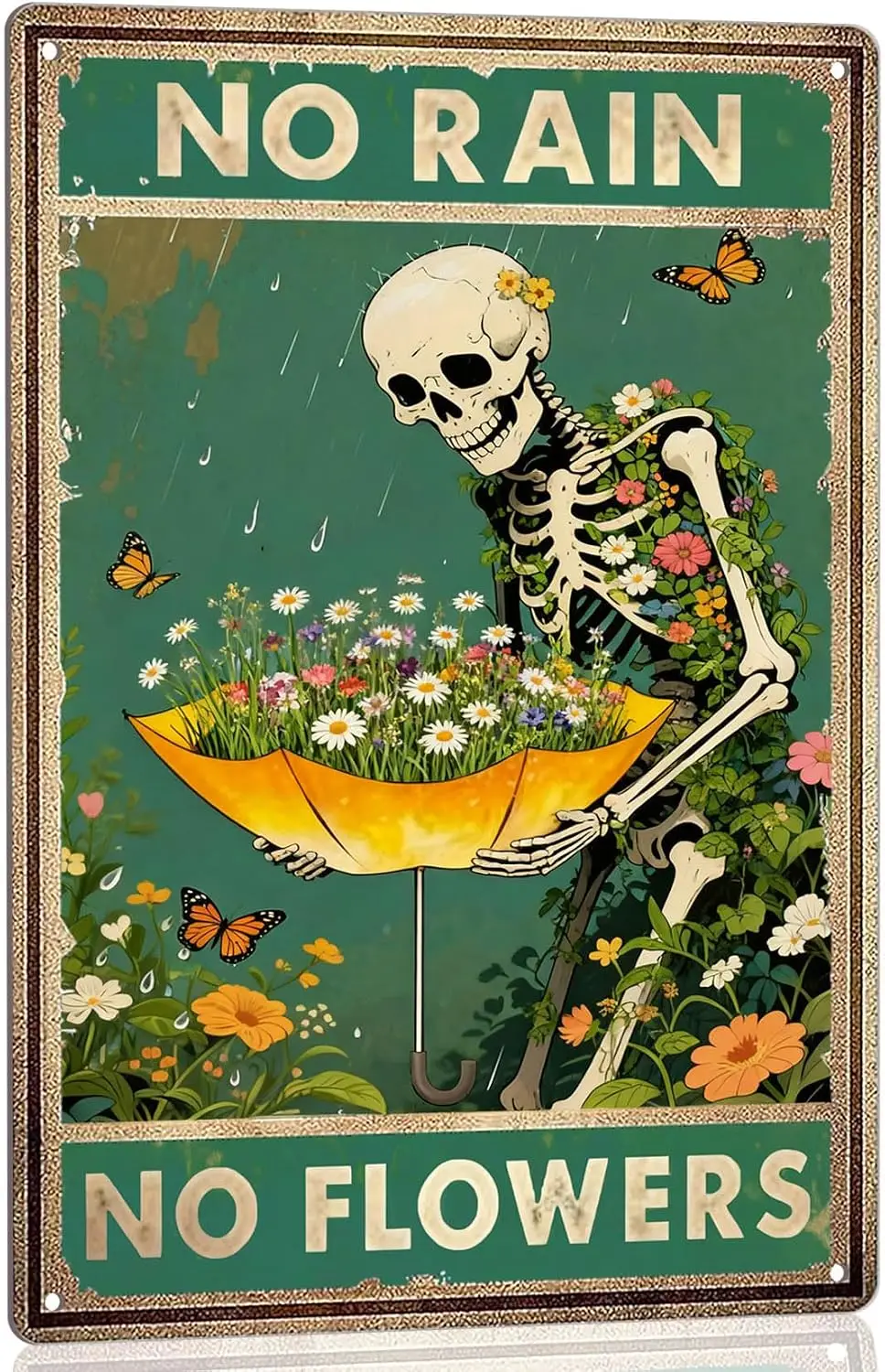 Retro Garden Metal Signs Vintage Skull Poster - No Rain No Flowers Sign, Floral Skull & Umbrella Wall Art Decor for Home, Ga