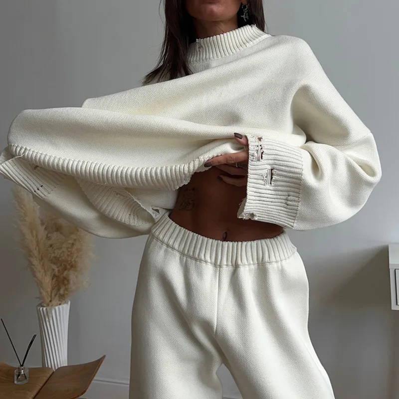 

Fashion Casual Knitted Suit Autumn Winter For Women's Ins Style Crew Neck Sweater Knitted Skinny Pants Solid Color Comfort Set