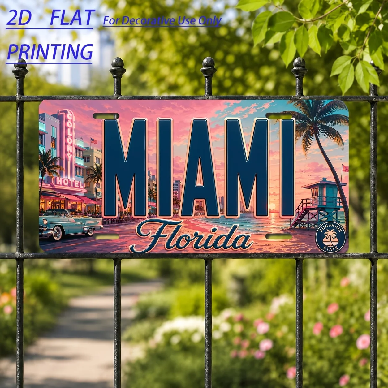2D Flat, [2D Flat] 2D Flat, 1pc, Metal Aluminum Vintage License Plate Decorative Sign, Miami-themed, Suitable for Living Room, E