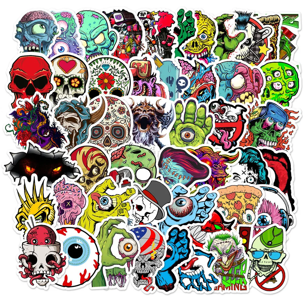 Cool horror crânio adesivos, decalques dos desenhos animados, grafite, grafite, para a bagagem, laptop, capacete, motocicleta, 50pcs