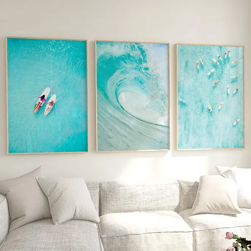 3PCS  Frameless,3Pcs Aerial Beach Surf Wall Art, Turquoise Ocean Wave Surfer Canvas Prints, Wall Arts, Minimalist Home Decor & S