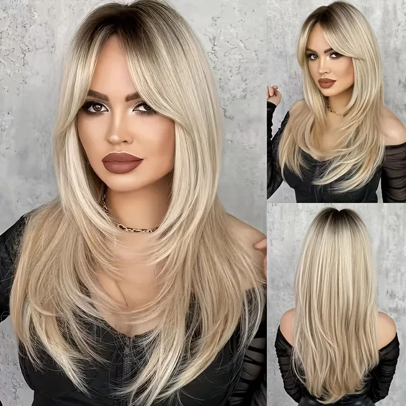 Fashionable platinum blonde layered long straight hair wig with brown roots dyed black for women