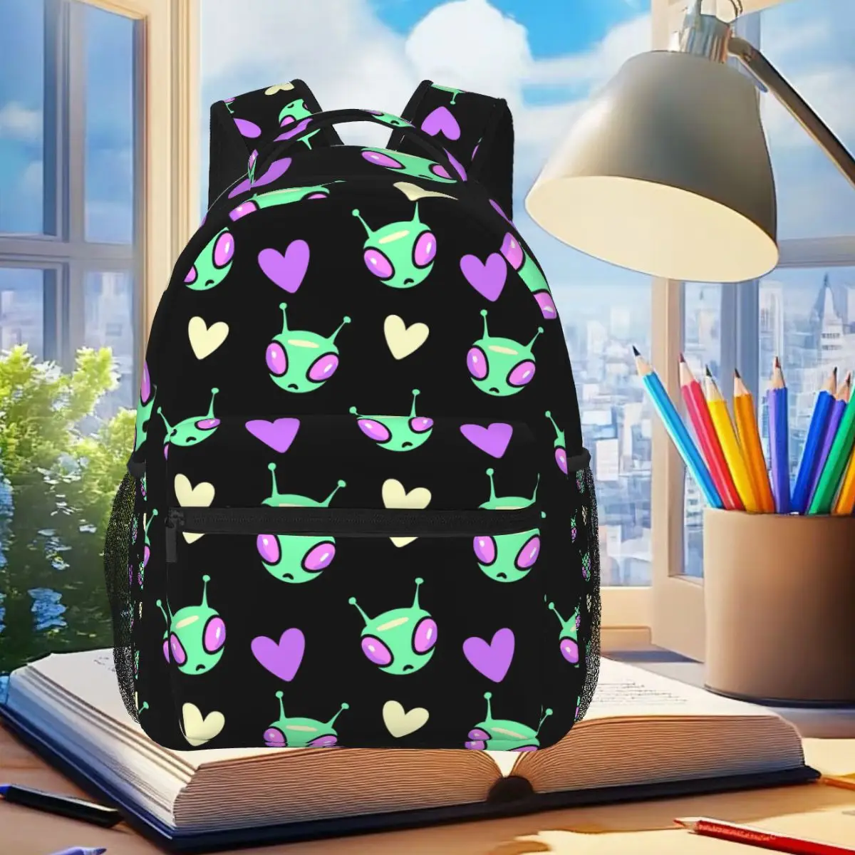 

I Heart Alien Pattern Student Backpack School Bag Hiking Travel Daypack for Boys Girls Fashion Bookbag Shoulder Bags