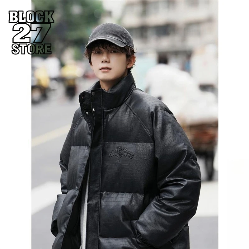 

Harajuku Men Winter Warm Puffer Jacket Thickened Stand Collar Loose Fit Cotton Coat Trendy Streetwear Casual Padded Outwear New