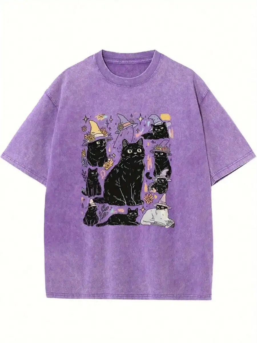 Retro Faded Oversize Soft Cotton Graphic Tee For Men Women, Lovely Witch Cartoon Vintage Pattern, All-Match Daily Comfort Tops, Unique Novelty Holiday Present