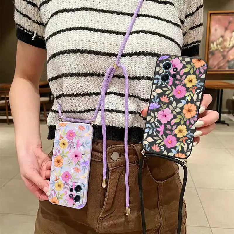 جراب هاتف سيليكون بحبل زهور أرجواني ، غطاء لهاتف شاومي ريدمي نوت 12 ، 12Pro ، 12S ، 12Pro Plus ، 11T ، 11S ، 13Pro ، 13 ، 13R ، N ote