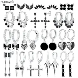2025 New Gothic Cross Black Drill Drop Earrings 925 Sterling Silver Needle Small Hoop Earrings for Women Punk Piercing Jewelry