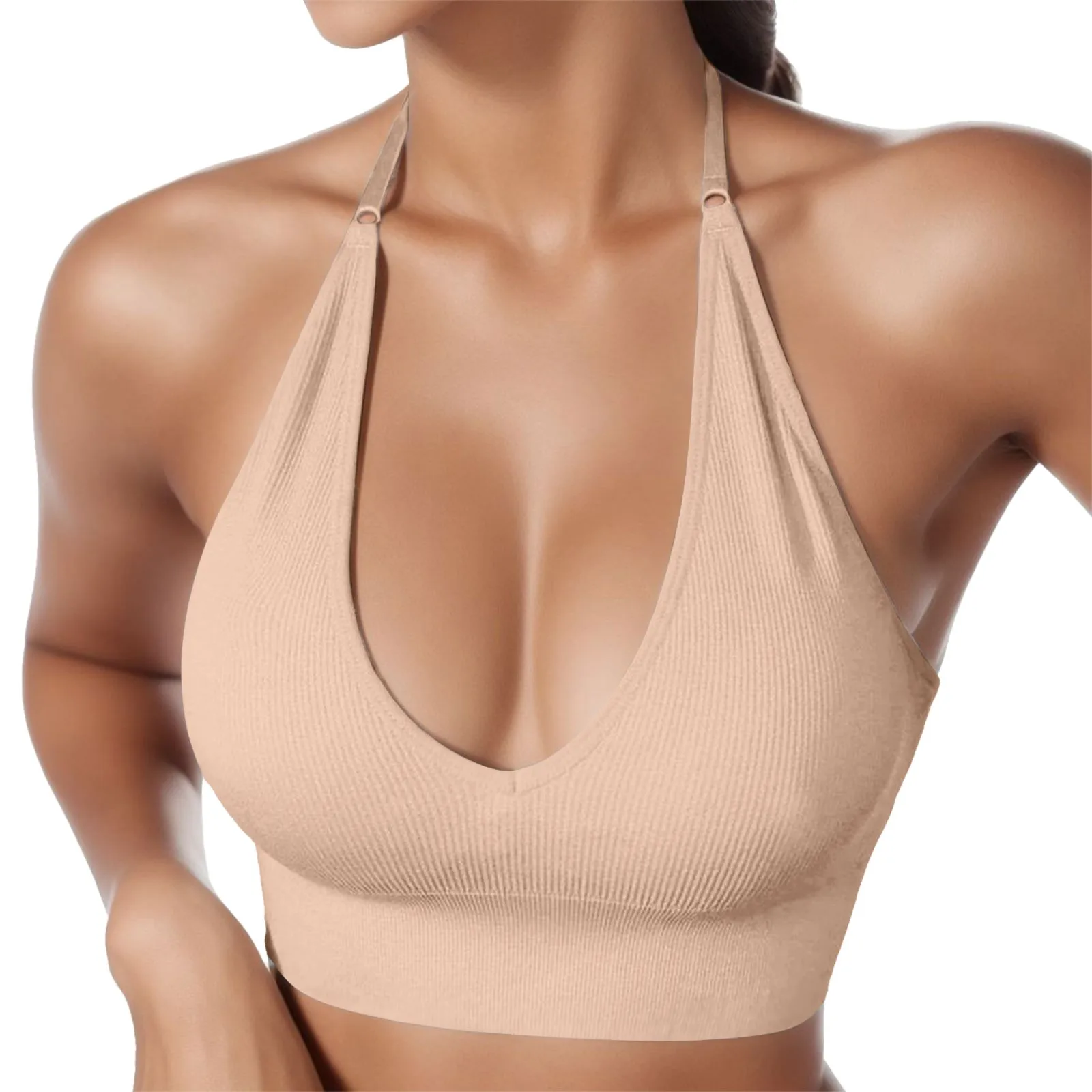 Women\'s Halterneck Sports Bra Backless Deep V Neck Sports Bustier Padded Sexy Gym Push Up Bra Solid Color Wire Free Lady Bra