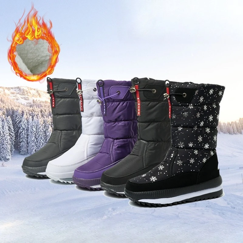 

Сапоги со снежинками, женские зимние утолщенные зимние ботинки с высоким берцем, уличные водонепроницаемые нескользящие теплые ботинки с круглым носком на резиновой подошве