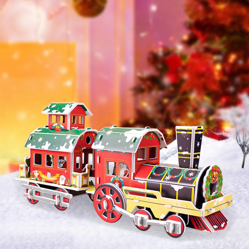 Christmas House Train Model 3D Puzzle Kindergarten Early Educational DIY Handmade Paper Card Jigsaw for Kids Gift