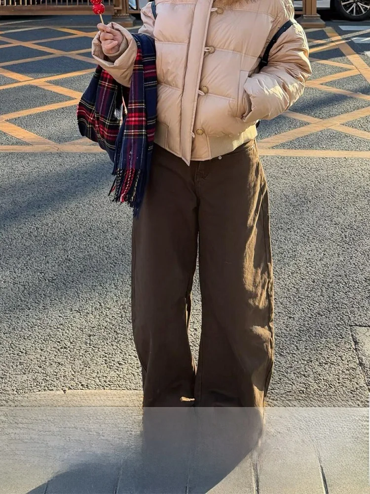 Plus size americano retro café cor denim calças femininas outono inverno novo sle emagrecimento cintura alta perna larga jeans