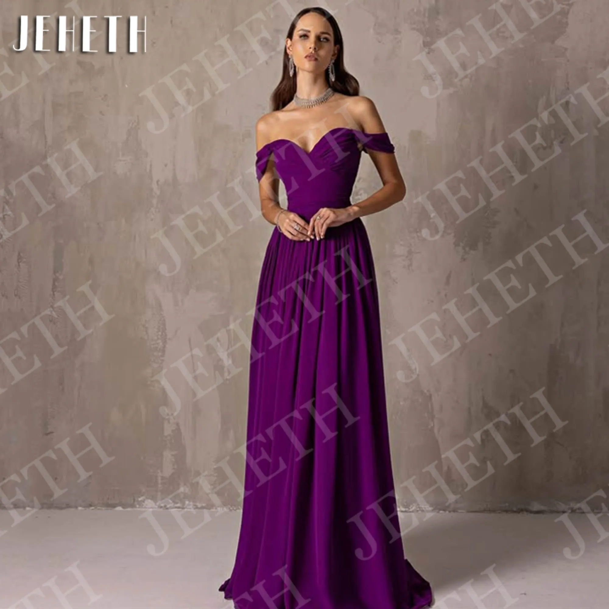 

JEHETH Elegant Long Evening Dresses for Woman Off the Shoulder A Line Chiffon Pleated Prom Dress Dinners Customized فساتين سهرات