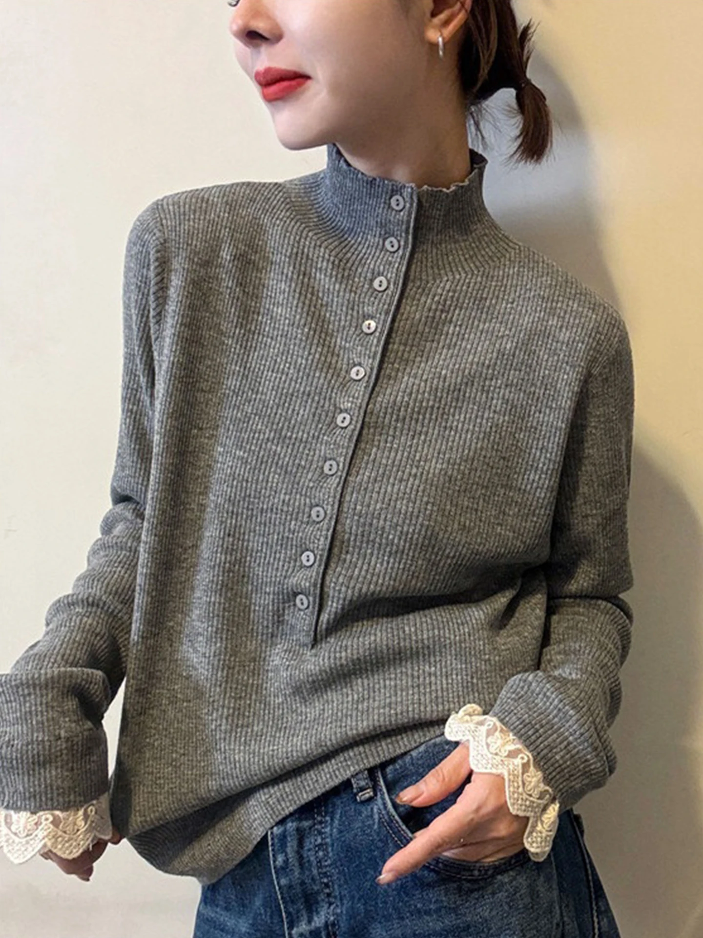 الشتاء Faion تنوعا طويلة Sve محبوك الدانتيل الربط تصميم f عالية طوق Camere المرأة سترة مريحة تناسب #4