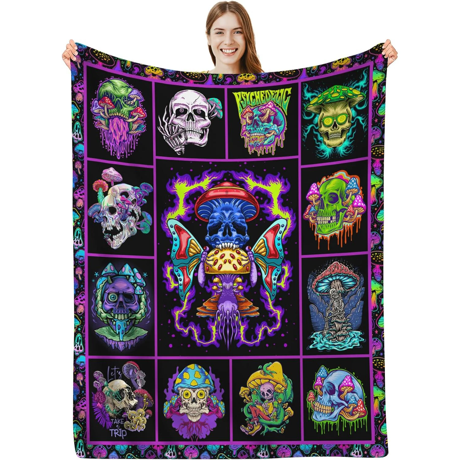 Customized Mushroom Skull Blanket Purple Neon Skull Mushroom Rim Velvet Blanket Gothic Mushroom Skull Adult Gift